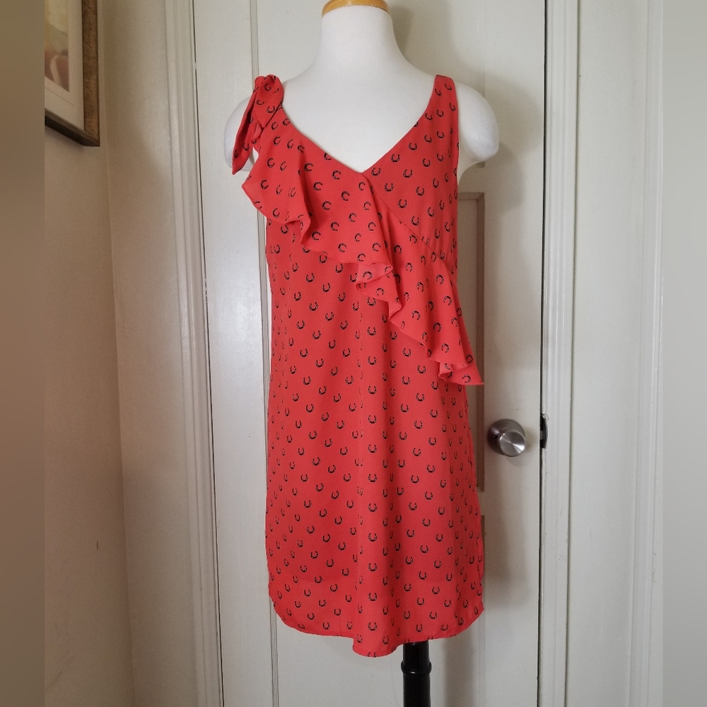 K/LAB S orange black sleeveless v neck ruffle front horseshoe print vfc dress